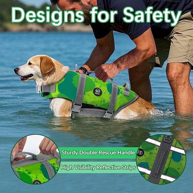 EMUST Dog Life Jacket, Dog Life Vests for Swimming, Beach Boating with High Buoyancy, Dogs Flotation Vest L, MultiGreen