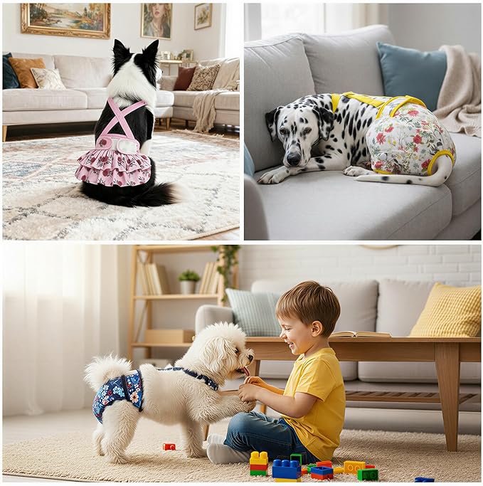 Washable Female Dog Diaper with Suspender - 3 Pack Reusable Super Absorbent & Leakproof Fixed Doggie Diapers for Dogs in Heat Cycle
