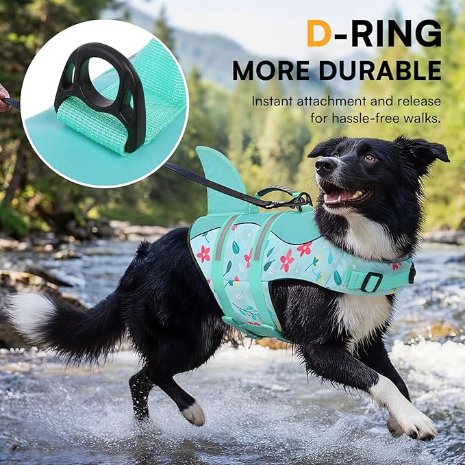 Queenmore Dog Life Jacket, Dog Life Vest for Swimming, Medium Dogs Shark Safety Vest Adjustable Preserver with High Buoyancy, Pet Lifesaver for Medium Dogs, Blue Flower M