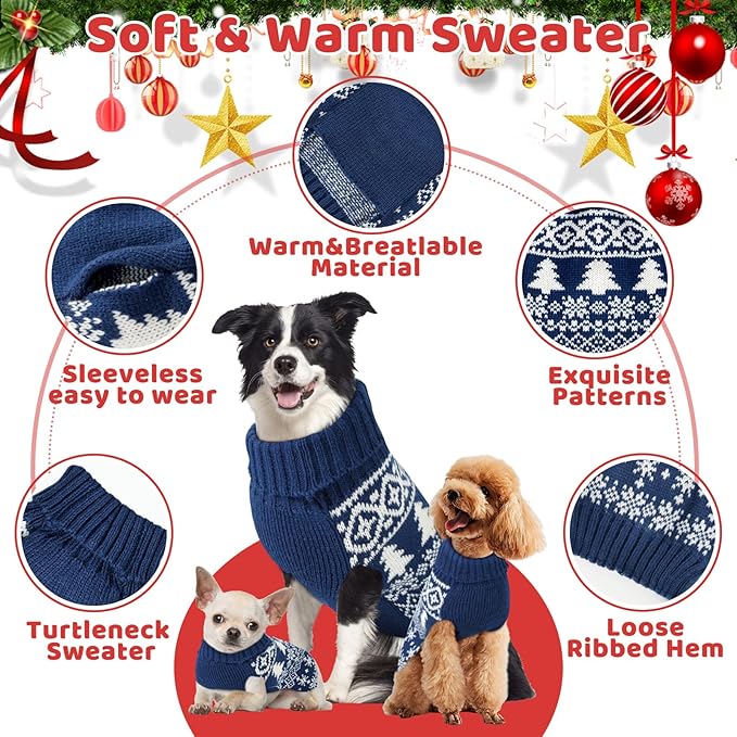 Christmas Dog Sweaters for Small Medium Large Dogs Girl, Soft Warm Pup Dogs Shirt, Turtleneck Double Knitting Collar for Outdoors Playing, Warm Dog Cat Clothes (Blue, S)