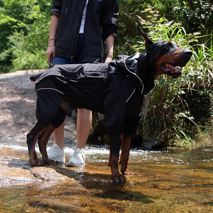 LOVELONGLONG Fleece-Lined Dog Raincoat with Removable Hood – Waterproof Winter Full Body Dog Jacket – Windproof Snowproof Cold-Weather Suit – Black-F S+
