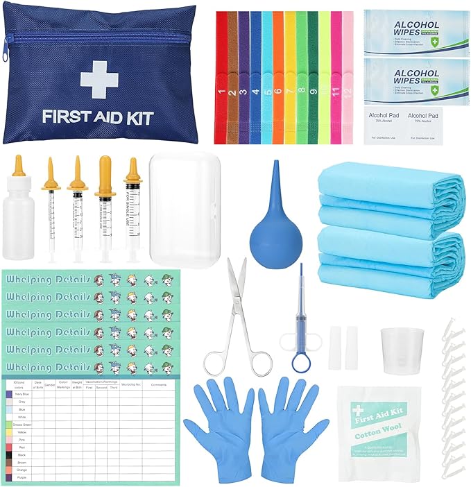 48-Piece Puppy Whelping Kit – Complete Whelping Supplies for Safe Puppy Birth, Includes Feeding Tubes, Collars, Cord Clamps, Urine Pads, Gloves & More – Essential Puppy Birthing Kit for Breeders
