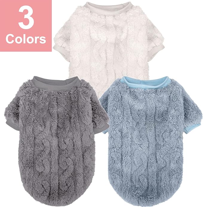 Dog Sweater, 3 Pack Dog Sweaters for Small Dogs or Cats, Girl or Boy, Warm Dog Clothes Shirt Coat for Winter Christmas (Light Grey, Light Blue, White, Large)