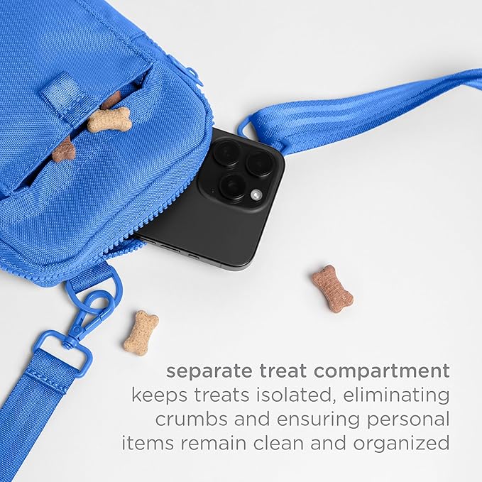 Ubbi Dog Treat Pouch for Training & Walking, 3-Way Wear Options - Crossbody, Waist, or Clip-On - with Magnetic Closure & Poop Bag Dispenser, Recycled RPET, Blue