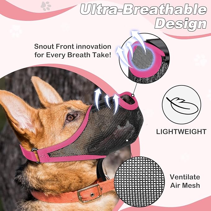 Dog Muzzle with Front Opening for Training and Treats, Breathable Air Mesh Muzzle for Biting Chewing Scavenging, Soft Lightweight Adjustable Mouth Guard for Small Medium Large Dogs (Pink, XL)