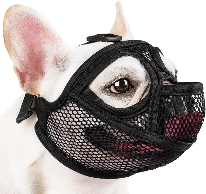 Mayerzon French Bulldog Muzzle, Mesh Short Snout Dog Muzzle for Flat-Faced Dogs Pug English Bulldog, Allows Full Panting & Drinking, Prevents Chewing Eating, Ideal for Grooming Vet Visits Walking