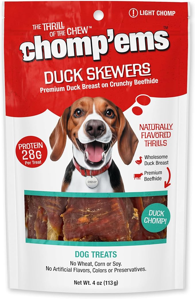 Chomp'ems Duck Skewers, 4 oz - All Natural Rawhide Wrapped with Premium Chicken Breast - Healthy, Protein Rich Treats for Dogs - Dog Chews
