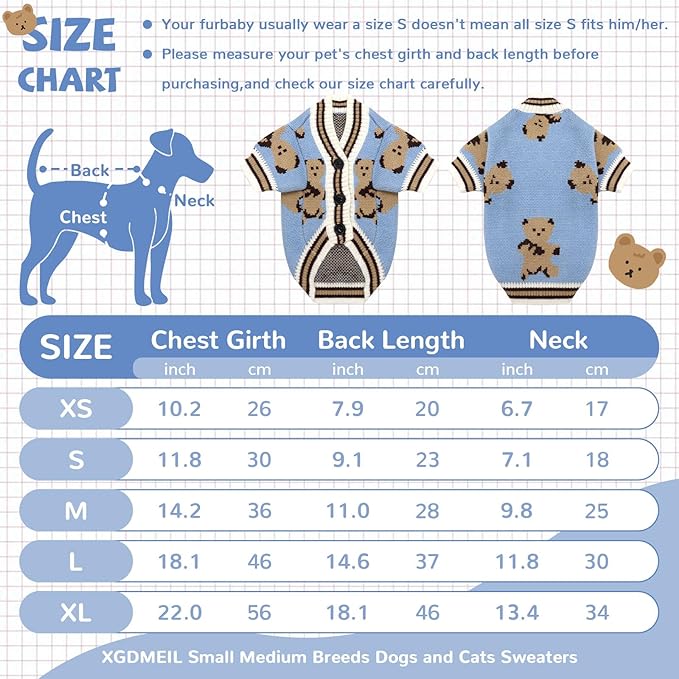 Small Dog Sweaters Cute Bear Knitted Dog Cardigans Clothes for Small Medium Dogs Soft Pet Puppy Cat Knitting Outfits Fall Winter Warm Boy Girl Dogs Knitwear Coat Apparel（Blue,X-Large）