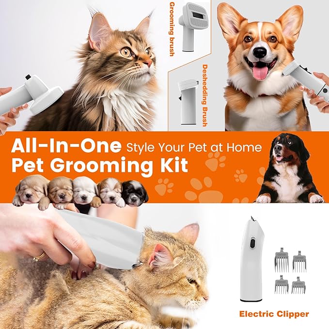 Dog Grooming Vacuum, Dog Grooming Kit with Pet Clippers, 12,000Pa Pet Hair Grooming Vacuum for Dogs, Vacuum Brush for Shedding Grooming, Low Noise Home Cleaning Tool in 1, PG10 Black