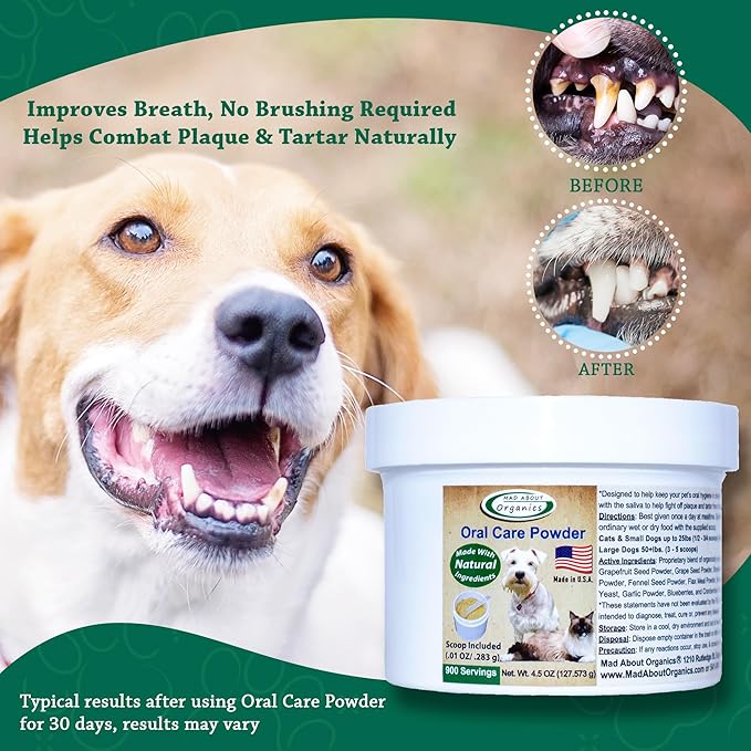 Dog or Cat Oral Care Powder – Tartar and Plaque Remover, Pet Dental Cleaning Powder for Oral Hygiene and Fresh Breath, Teeth Cleaner – 900 Servings, Large Size - 127g