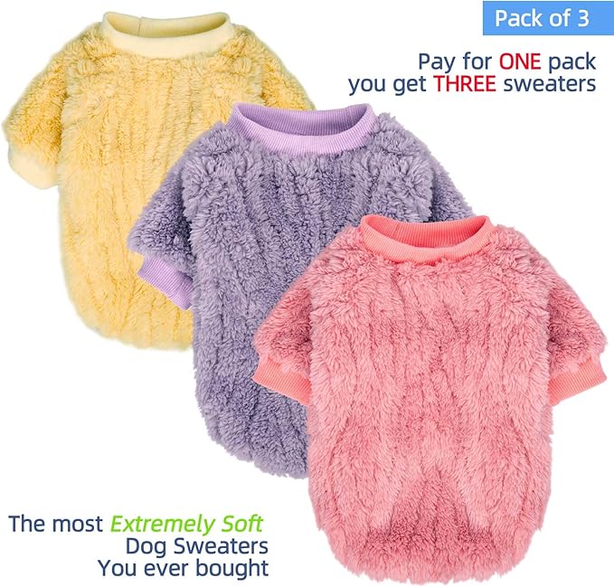 FabriCastle Dog Sweater, 3-Pack Dog Clothes & Coat, Pet Jacket for Small or Medium Dogs Boy or Girl, Soft and Warm Cat Sweaters Doggy Apparel Costumes Christmas (Lavender,Pink,Butter Yellow, Small)