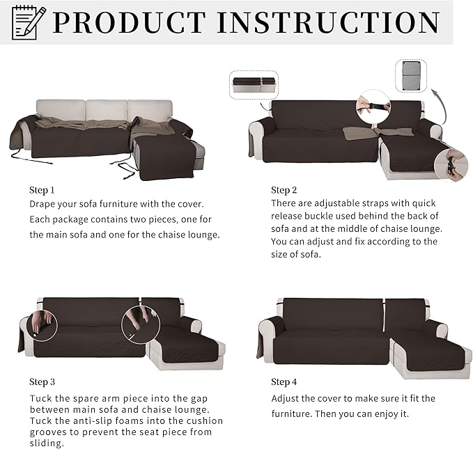 Easy-Going Waterproof Sectional Couch Covers with Chaise 2-Piece Non Slip L Shape Sofa Cover for Dogs Leakproof Furniture Protector Cover with Adjustable Strap for Pets (X-Large, Chocolate)