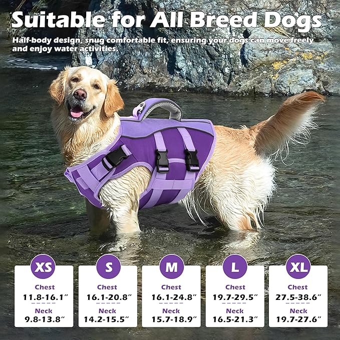 Dog Life Jacket, High Buoyancy Dog Life Vest with Handle for Swimming Boating, Adjustable Swimming Vest with Reflective Trim for Small Medium Large Dogs - Purple, S