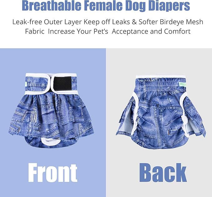 wegreeco Dog Diapers Female (3 Pack), Highly Absorbent Puppy Doggie Dog Diapers for Female Dogs Period, Washable Doggy for in Heat, Small Medium Large Size (Classic Jeans, Large)