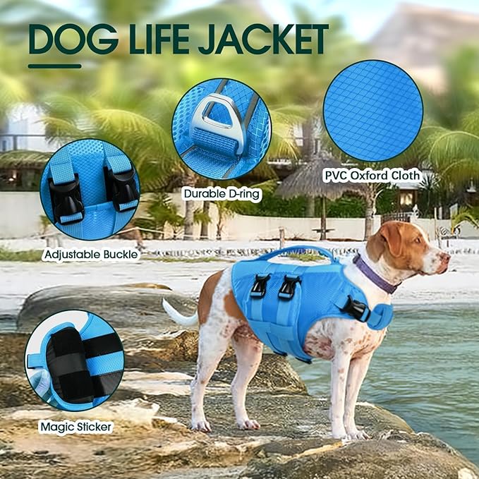 Kuoser Dog Life Jacket XL, High Flotation Dog Water Vest for Swimming Boating, Reflective Doggie Swimming Vest Pet Life Preserver with Rescue Handle, Blue XL