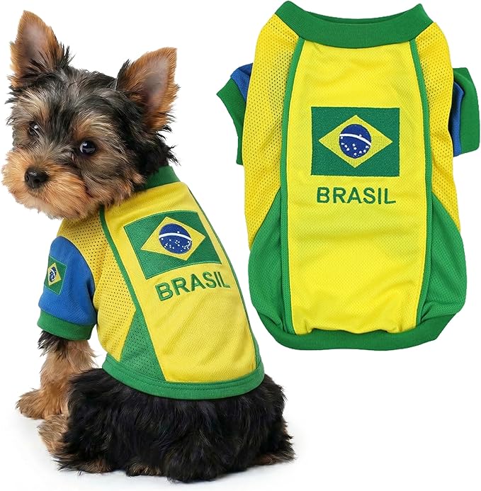 Parisian Pet Team Brazil Dog Jersey - Breathable Mesh Puppy Football Jersey - Lightweight Stretch Sporty Dog Clothes - Summer Shirts for Small Dogs - Soccer Jersey for Dogs - Sportswear Pet Clothes