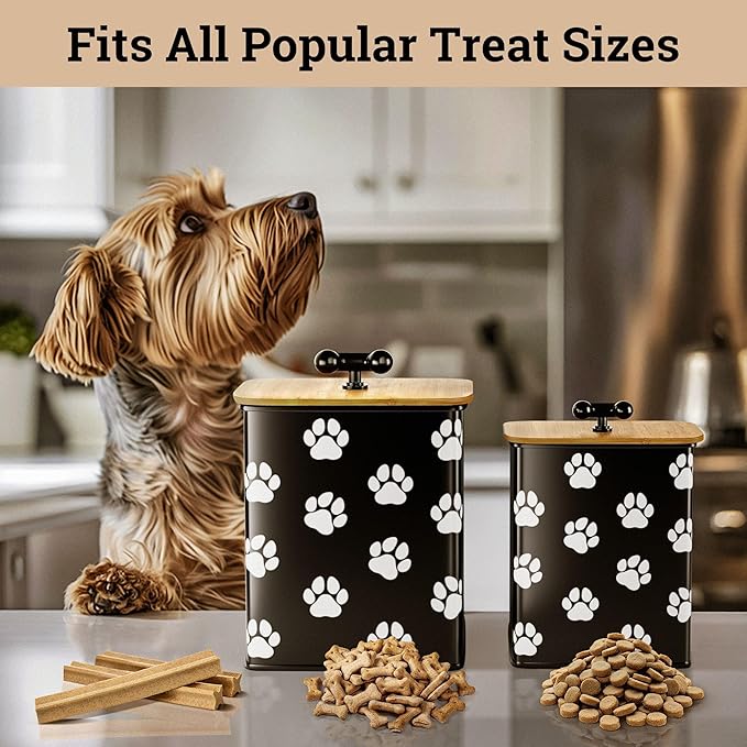 Dog Treat Container Airtight Set of 2 - 8x6 & 7x5 inch Iron Dog Treat Jars for Kitchen Counter with Airtight Bamboo Lids - 20 Cup Capacity Pet Treat Container Set - Doggie Cookie Jar - Treats Canister