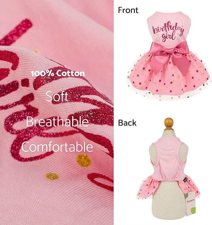 Fitwarm Birthday Girl Dog Tulle Dress, Dog Clothes for Small Dogs Girl, Cat Apparel, Pink, Small