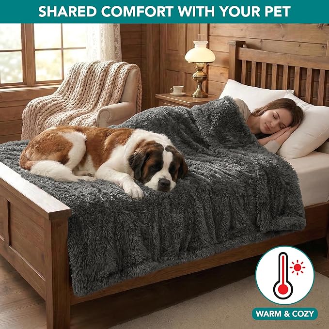 PetAmi Fluffy Waterproof Dog Blanket for Bed Large Dogs, Soft Warm Pet Sherpa Throw Pee Proof Couch Cover, Reversible Cat Blanket Sofa Crate Kennel Protector, Washable Mat Queen (Grey, 90x90)