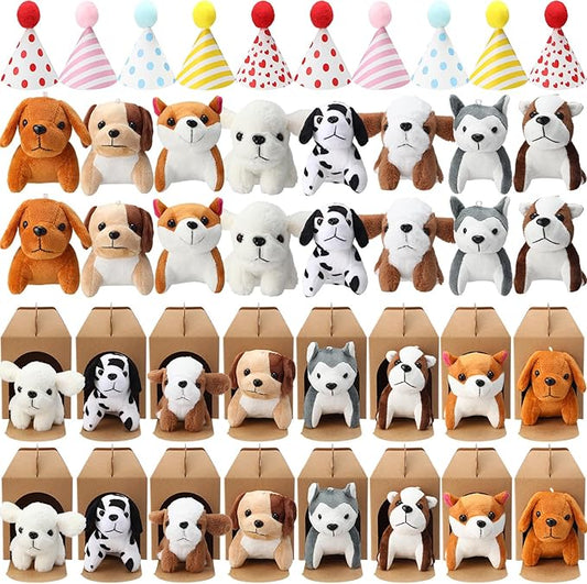 20 Set Mini Plush Toy Stuffed Animals Dogs Set with Birthday Hats Kraft Paper Boxes Small Stuffed Puppy Adopt Pet Gift for Adoption Event Animal Theme Birthday Stocking Stuffers(Cute Dog)