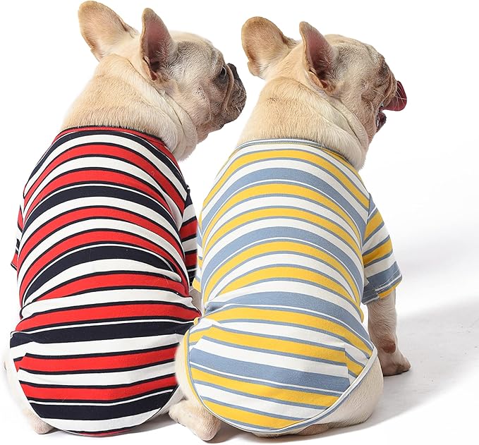 Dog Shirts Cotton Striped T-Shirt, Summer Pet Clothes for Small Dogs, 2-Pack Soft Puppy Apparel Cat Tee, Breathable Stretchy, Red Yellow M