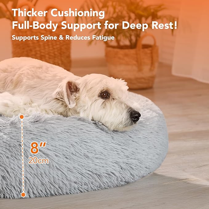 Deconovo Calming Donut Dog Bed, Washable Plush Round Pet Bed for Small Dogs & Cats with Raised Rim, Non-Slip Base and Soft Faux Fur—Lightweight, Easy-Care Design Light Grey 21" L x 21" W x 8" Th