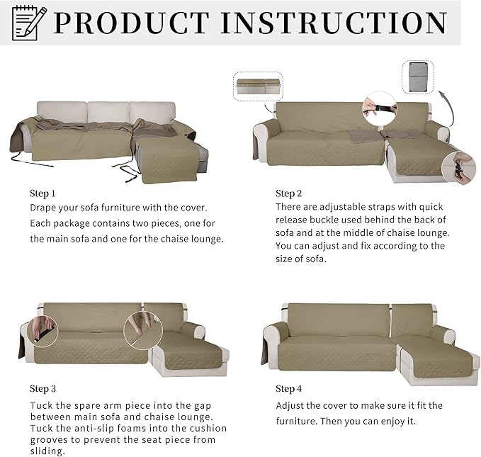 Easy-Going Waterproof Sectional Couch Covers with Chaise 2-Piece Non Slip L Shape Sofa Cover for Dogs Leakproof Furniture Protector Cover with Adjustable Strap for Pets (Large, Beige)