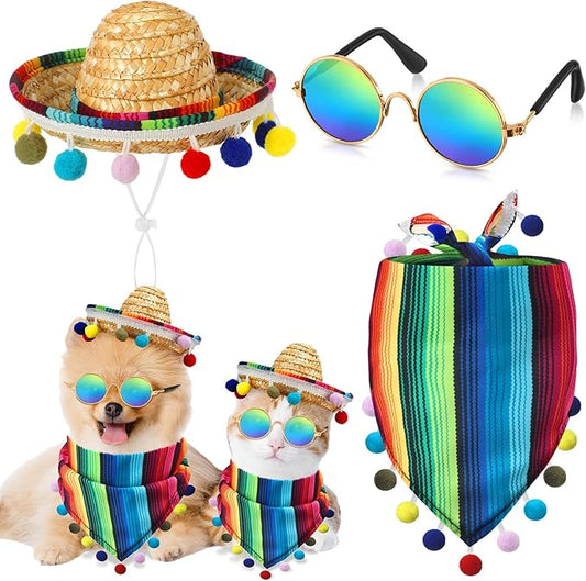 JaGely 3 Pcs Mexican Dog Costume Multicolor Cinco De Mayo Fiesta Cat Bandana with Pom Poms Porch Goose Outfits Mini Sombrero Mexican Hats Retro Pet Sunglasses Costume Accessories for Small Dog and Cat