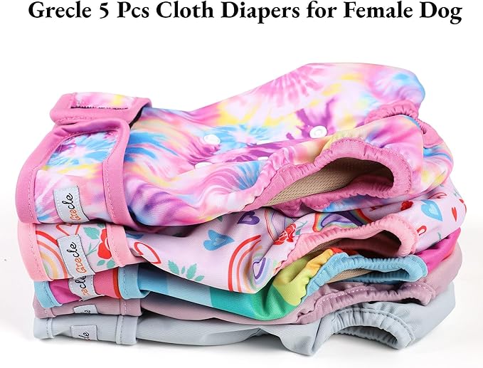 Female Dog Diapers 5Pcs - Premium Reusable Diapers for Doggie in Heat - Highly Absorbent Dog Diapers Female for Pet Incontinence with Adjustable Snaps,Rainbow,S