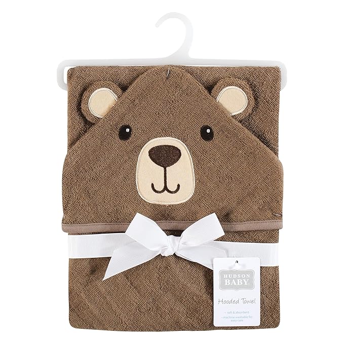Hudson Baby Unisex Baby Cotton Animal Face Hooded Towel, Brown Bear, One Size