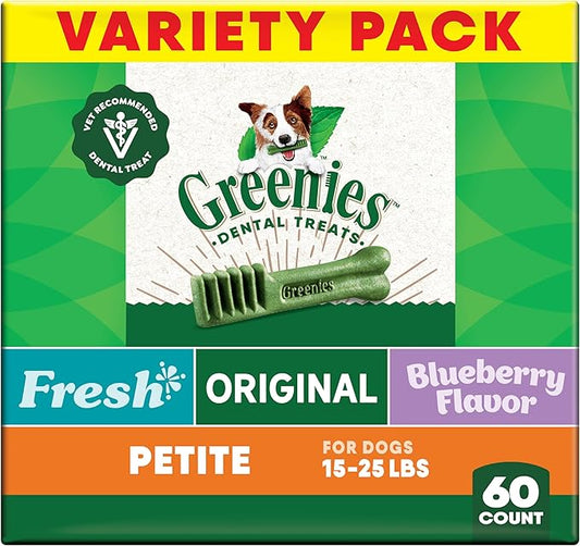 Greenies Veterinarian-Recommended Adult Natural Dental Dog Treats Petite Size, Variety Pack Flavor, (3) 12 oz. Packs, 60 Count