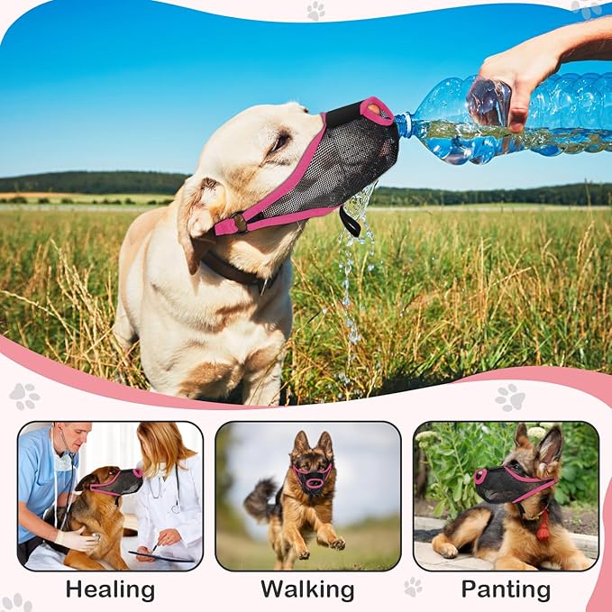 Dog Muzzle, Soft Air Mesh Muzzles for Small Sized Dogs, Breathable Dog Mussels for Scavenging Biting Licking & Barking, Adjustable Mouth Guard with Front Opening, Allows Panting and Drinking (Pink,S)