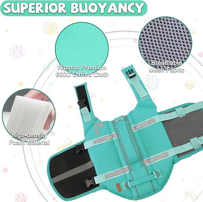 EMUST Dog Life Vests, Adjustable XS Dog Life Jacket with Rescue Handle, Puppy Flotation Vest for Small/Medium/Large Dogs, Turquoise, XS
