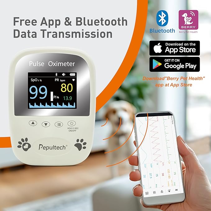 2 Probe Sensor Included -Pepultech Pulse Oximeter for Dogs,Veterinary Blood Oxygen Saturation and Pulse Rate Monitor,Handheld Bluetooth Veterinarian SpO2 Monitor,Accurate Results & Easy to Use
