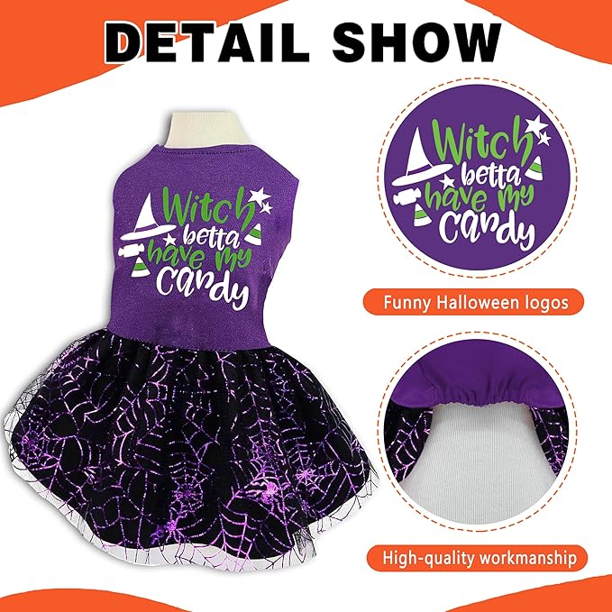 Halloween Dog Dress, Witch Candy Spider Web Tutu Skirt, Holiday Cat Costume for Small Dogs and Cats, Purple Pet Outfit for Puppies and Kittens