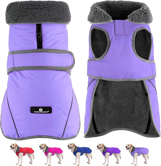 Dogcheer Dog Coat, Waterproof Dog Jacket Reflective Pet Winter Coat with Adjustable Hook & Loop, Christmas Puppy Fleece Jacket Warm Turtleneck Snowsuit for Small Medium Large Dogs - Taro Purple, XL