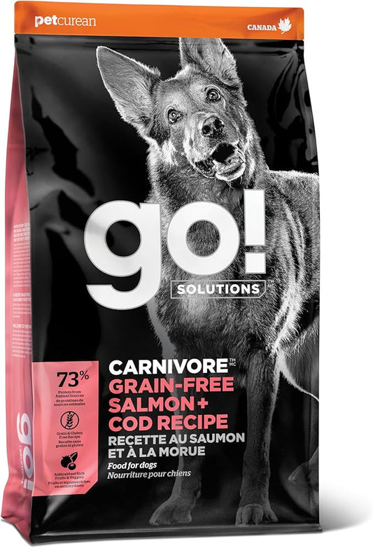 Go! Solutions Carnivore Salmon + Cod Grain-Free Dry Dog Food, Our Highest-Protein Kibble Made with Real Meat & Fish, Chicken-Free Recipe, for Puppies, Adults & Seniors, 3.5 lb Bag