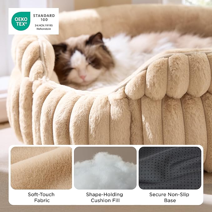 Bedsure ComfyFleece™ Cat Bed, Washable Round Cute Pet Beds for Indoor Cats, Super Soft Corduroy Kitten Bed with Anti-Slip Bottom, 20''x20''x8'', Sandy Beige