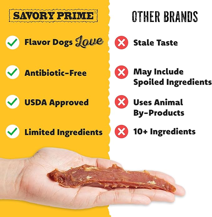 Savory Prime Duck Jerky Dog Treats, Made with 100% Real Duck Breast, Farm Raised, Healthy, Easily Digestible, High Protein, Satisfies Dog's Urge to Chew, 8 Ounce (Pack of 1)