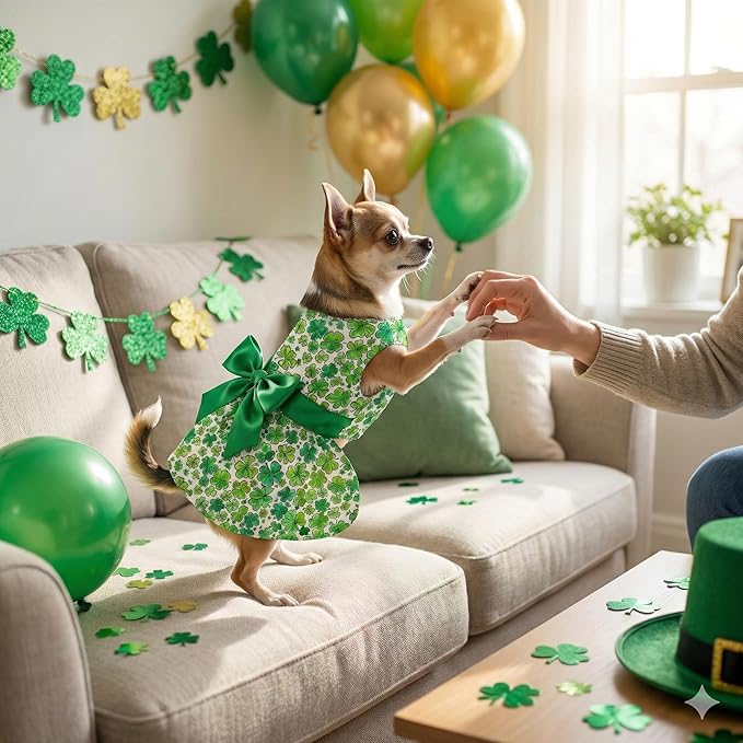 St. Patrick Day Dog Dress Holiday Irish Lucky Clover Dress Outfits Skirt for Small Boys and Girls Puppies Pets Doggie