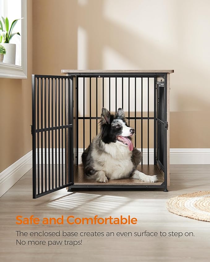 Feandrea 38.6" Dog Crate Furniture, Heavy-Duty Dog Cage Side End Table, XL Pet Wood Kennel for Large and Medium Dogs up to 70 lb with Enclosed Base, Double-Door Pet House, Greige