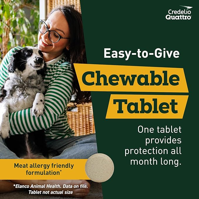 Credelio Quattro Dog Flea & Tick Treatment + Heartworm & Parasite Protection, 12.1-25 lbs (6 Chewable Tablets)