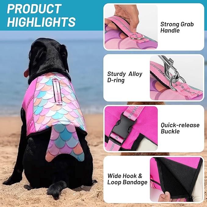 cyeollo Dog Life Jacket Reflective Mermaid Dog Life Vest for Swimming Boating, High Buoyancy Pet Life Preserver Lightweight Large Dogs Lifejackets with Front Float, Pink XL