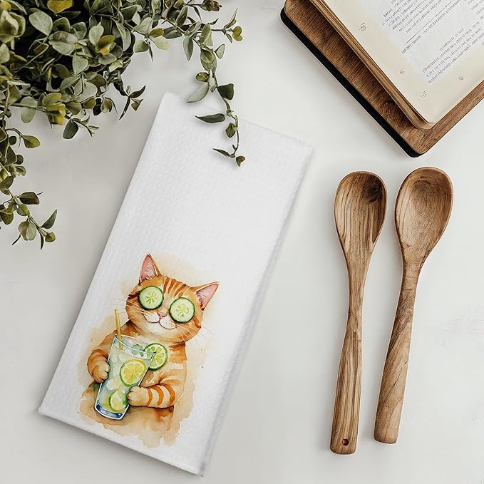 Funny Cocktail Orange Cat Kitchen Towels, Orange Tabby Cat Gifts Dish Tea Towels for Bar Cart Kitchen, Cocktail Lovers Gifts Decorative Hand Towel for Bathroom, 16x24 Inches