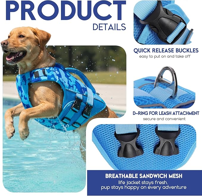 ASENKU Dog Life Jacket, High Floatation Dog Swimming Vest with Rescue Handles for Small Medium Large Dogs, Pet Safety Swimsuit Preserver for Pool Beach Boating (Blue Camo, L)