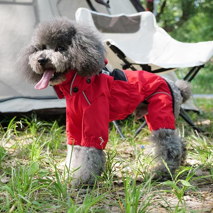 LOVELONGLONG Fleece-Lined Dog Raincoat with Removable Hood – Waterproof Winter Full Body Dog Jacket – Windproof Snowproof Cold-Weather Suit – Red-F L