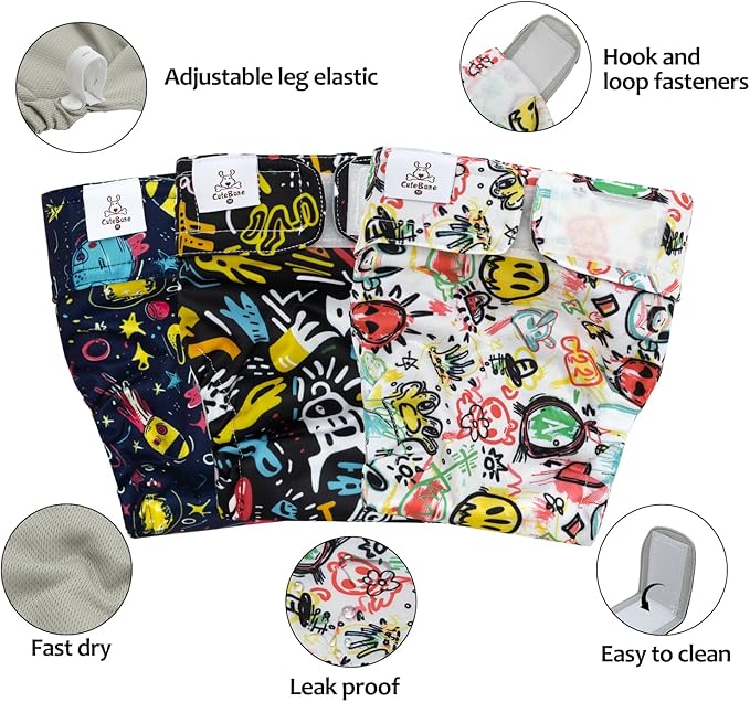 CuteBone Washable Dog Diapers Female No Tail Hole 3 Pack Reusable Doggie Period Training Pants for Docked-Tail Frenchie French Bulldog Boston Terrier Without Tail WWD26L