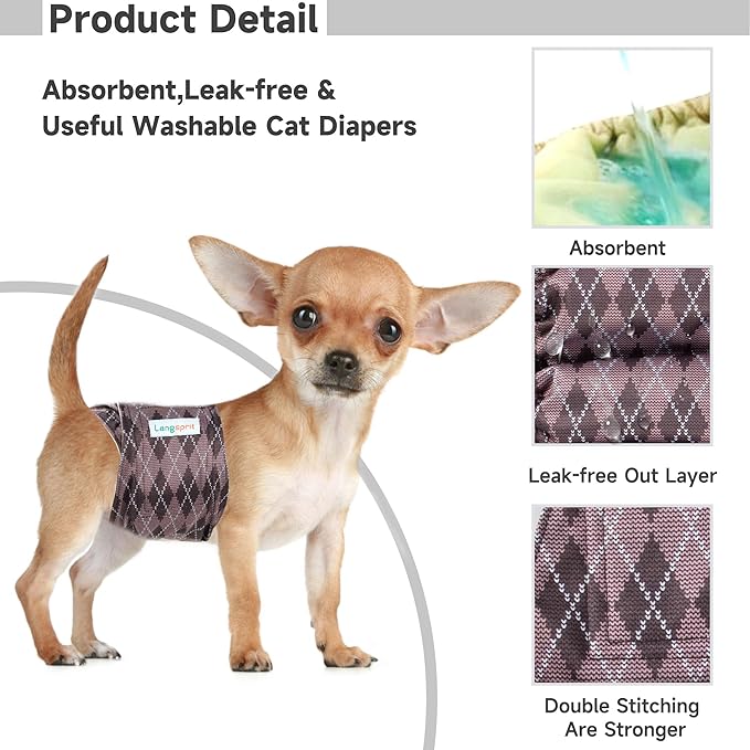 Langsprit Belly Bands for Small Dogs (Pack of 3) - High Absorbing, Reusable Dog Diapers - Plaid-1 L