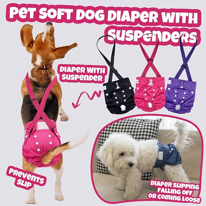 Pet Soft Dog Diapers Female with Suspenders, 3 Pack Reusable Female Dog Diapers for Heat, Dog Period Panties for Doggie in Cycle(X-Small, Berry Mix)