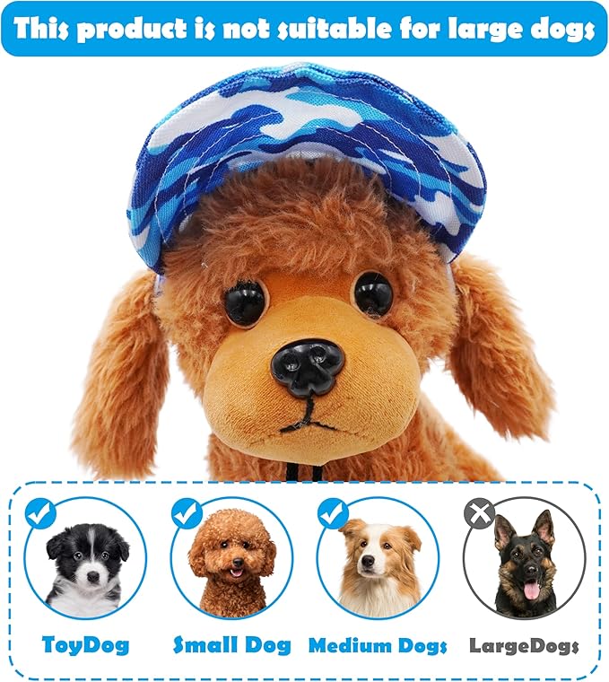 PET SHOW Dog Baseball Cap Camouflage Dog Visors for Medium Small Dogs Summer Waterproof Pet Sun Hats with Ear Holes Adjustable Drawstring Boy Puppy Hat -Blue/L